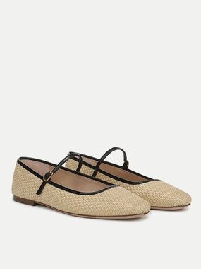 Veronica Beard Raffia Mary Jane Flats in Beige with Black Trim